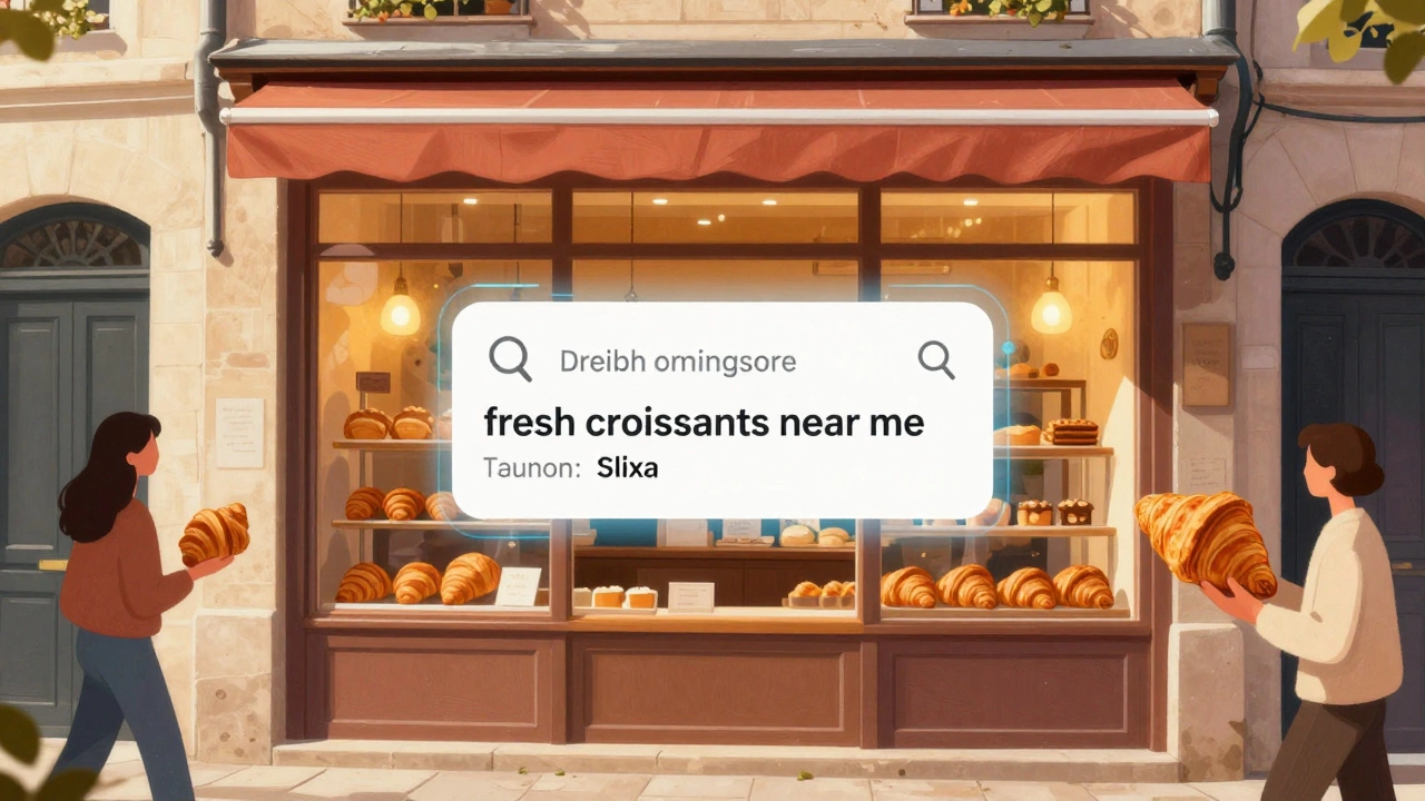 Lyon bakery customers receiving fresh croissants with localized digital ad overlay.